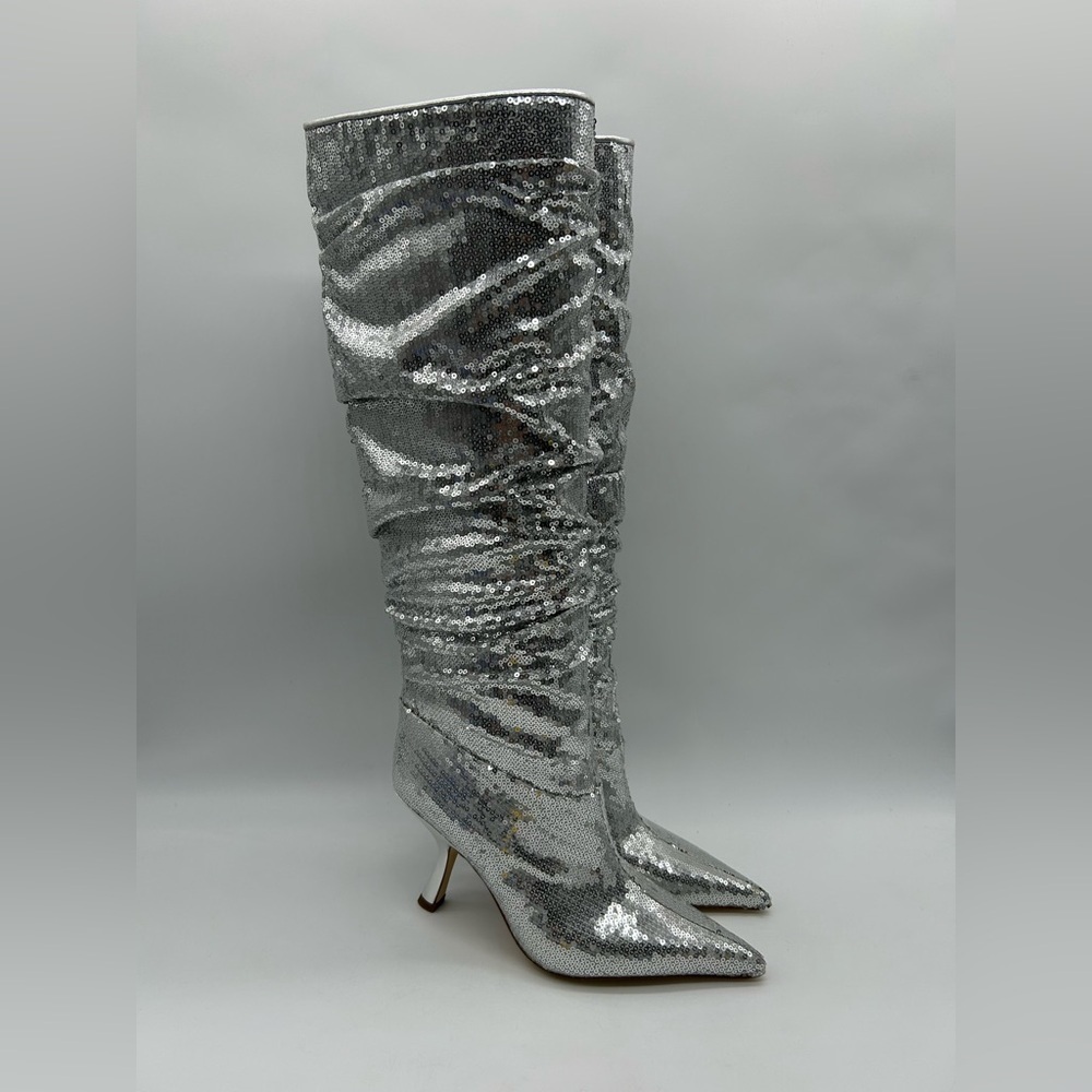 Michael Kors Luna Sequin Boots Silver Pointed Toe Slouchy Heels Women’s 6.5M NIB - Picture 4 of 14